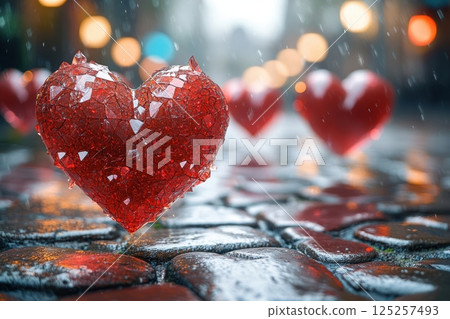Frozen Hearts on a Beautiful, Rainy Cobblestone Street, Evoking Deep Emotions and Joyful Vibes 125257493