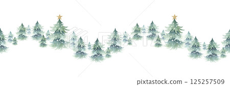 Christmas spruces snow-covered with golden star decoration, forest winter landscape. Hand drawn watercolor isolated seamless border. Fir trees for New Year festive packaging tape, horizontal banner Christmas spruces snow-covered with golden star decoration, forest winter landscape. Hand drawn watercolor isolated seamless border. Fir trees for New Year festive packaging tape, horizontal banner 125257509