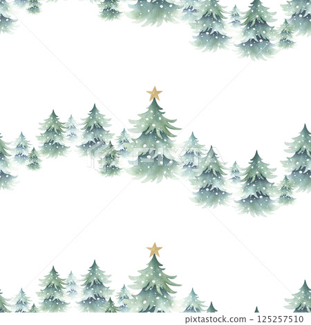 Christmas spruces snow-covered with festive golden star decoration. Hand drawn isolated watercolor seamless pattern of forest winter landscape for New Year festive packing paper, fabric and textile Christmas spruces snow-covered with festive golden star decoration. Hand drawn isolated watercolor seamless pattern of forest winter landscape for New Year festive packing paper, fabric and textile 125257510
