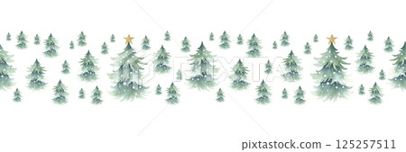 Christmas trees snow-covered with festive golden star decoration on top, forest winter landscape. Watercolor seamless border. Hand drawn isolated horizontal banner for New Year festive packaging tape Christmas trees snow-covered with festive golden star decoration on top, forest winter landscape. Watercolor seamless border. Hand drawn isolated horizontal banner for New Year festive packaging tape 125257511