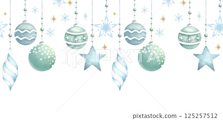 Christmas tree watercolor balls in green and blue colors, snowflakes and golden stars seamless border. Hand drawn isolated illustration of New year ornaments for festive packaging and postcards 125257512