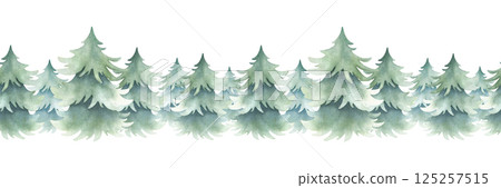 Spruces forest in simple style. Hand drawn watercolor isolated seamless border green lush fir trees for Christmas and Happy New Year horizontal banners, festive packaging and landscape designs Spruces forest in simple style. Hand drawn watercolor isolated seamless border green lush fir trees for Christmas and Happy New Year horizontal banners, festive packaging and landscape designs 125257515