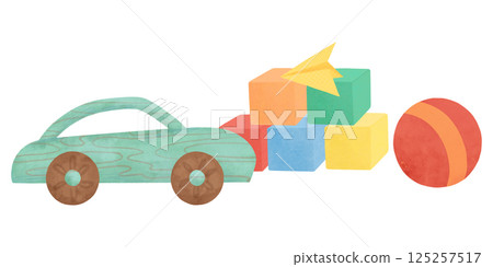 A composition of children's toys, a car, a ball, colored cubes, a paper airplane, handmade digital illustration on a white background A composition of children's toys, a car, a ball, colored cubes, a paper airplane, handmade digital illustration on a white background 125257517