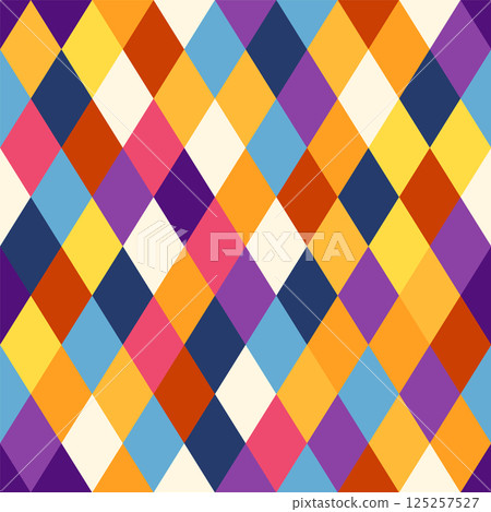 Circus harlequin patterns, rhombus lozenge pattern with diamond-shaped motifs in contrasting colors. Vector visually striking and repetitive tile design associated with traditional theatrical costumes 125257527