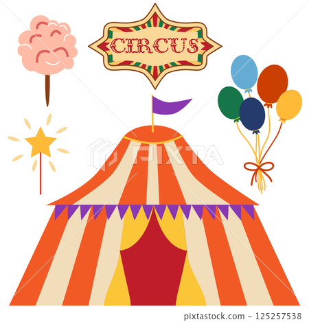 Circus chapito set. Vector characters of strongman, clown, juggler and magician. Cute elephant, lion, horse, zebra, seal and bear on circus stage 125257538