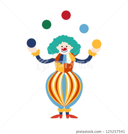 Circus chapito set. Vector characters of strongman, clown, juggler and magician. Cute elephant, lion, horse, zebra, seal and bear on circus stage 125257541