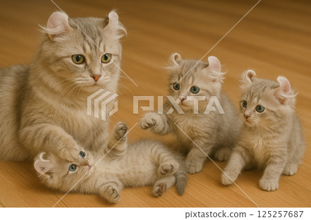 American Curl cat and kitten 125257687
