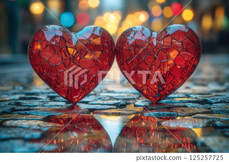 Beautiful, Cracked Red Hearts That Are Reflecting Light in a Charming and Artistic Way 125257725