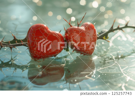 An image shows heartshaped red objects on a thorny branch, reflecting captivating emotions An image shows heartshaped red objects on a thorny branch, reflecting captivating emotions 125257743