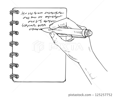 Vector illustration of a hand writing in a notebook. Detailed line art sketch featuring a planner, pen and paper, symbolizing journaling, studying, office work. For stationery and education concepts Vector illustration of a hand writing in a notebook. Detailed line art sketch featuring a planner, pen and paper, symbolizing journaling, studying, office work. For stationery and education concepts 125257752
