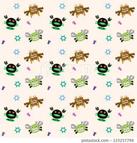 Seamless pattern colorful doodle cartoon robot crabs in various whimsical designs and expressions. 125257798