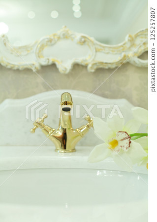 White bathroom sink with mirror White bathroom sink with mirror 125257807