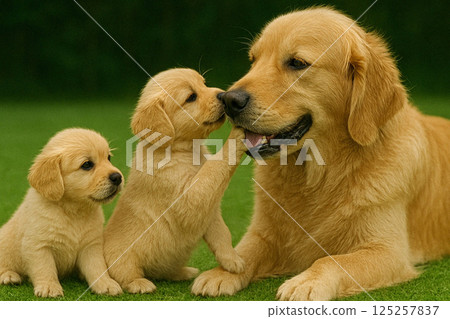 黃金獵犬父母與小狗 125257837