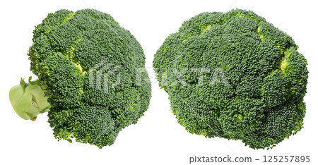Fresh green broccoli floret with stalk, isolated background. Healthy and nutritious vegetable for salads and cooking recipes Fresh green broccoli floret with stalk, isolated background. Healthy and nutritious vegetable for salads and cooking recipes 125257895