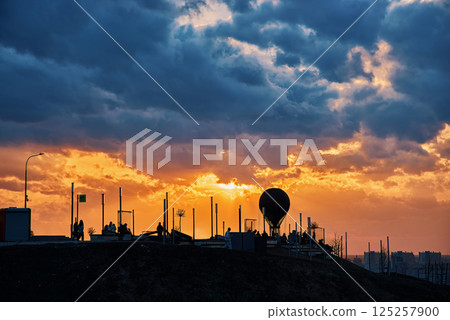 Jules Verne Monument Silhouette Against Stunning Sunset, Nizhny Novgorod 125257900