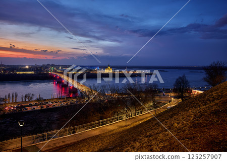 Sunset Over Strelka: Kanavinsky Bridge and Alexander Nevsky Cathedral 125257907