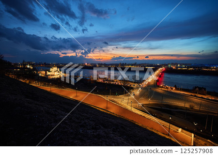Sunset Over Strelka: Kanavinsky Bridge and Alexander Nevsky Cathedral 125257908