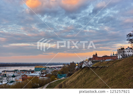 Sunset Side View of Nizhny Novgorod Kremlin Sunset Side View of Nizhny Novgorod Kremlin 125257921