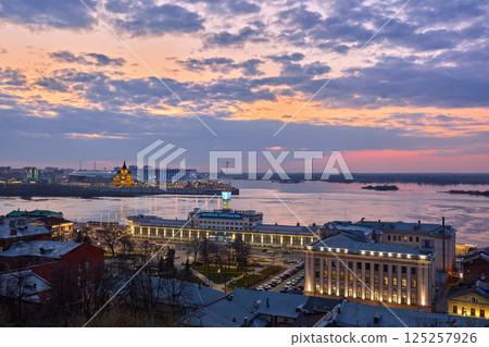 Twilight Over Strelka with Illuminated Landmarks 125257926