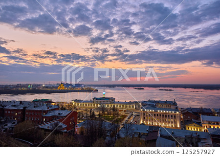 Twilight Over Strelka with Illuminated Landmarks 125257927