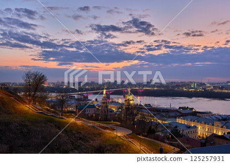 Twilight at Strelka in Nizhny Novgorod with Illuminated Landmarks Twilight at Strelka in Nizhny Novgorod with Illuminated Landmarks 125257931