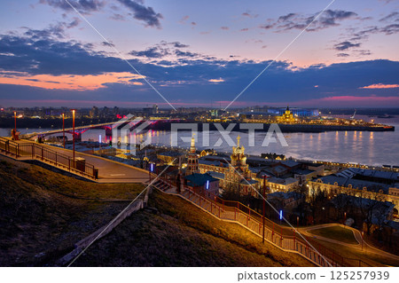 Twilight at Strelka in Nizhny Novgorod with Illuminated Landmarks Twilight at Strelka in Nizhny Novgorod with Illuminated Landmarks 125257939