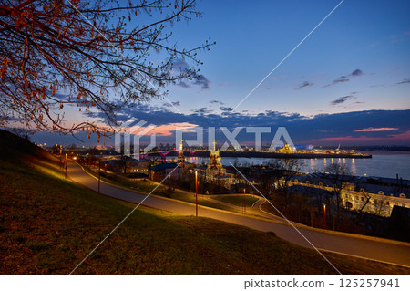 Twilight at Strelka in Nizhny Novgorod with Illuminated Landmarks Twilight at Strelka in Nizhny Novgorod with Illuminated Landmarks 125257941