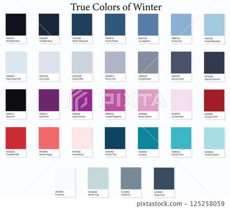 Colour Swatches 32 True Colors of Winter - 3d Light Soft, Muted, Pastel Tones - with HEX Codes and Names, Color Palette, Scheme, Chart and Combinations 125258059