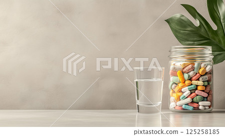 Colorful pills in glass jar and water glass on table on neutral empty background with green leaf 125258185