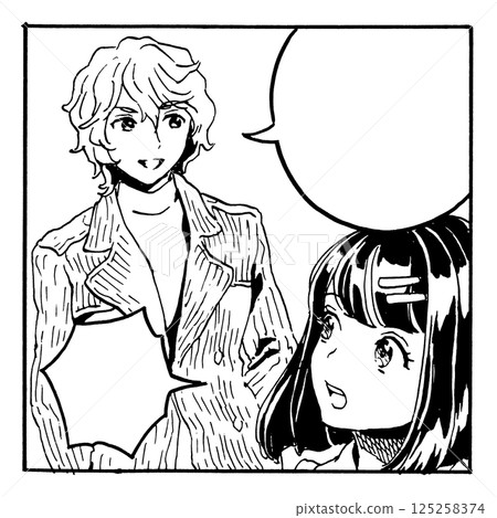 Comic-style framed illustration of a person turning around when spoken to 125258374