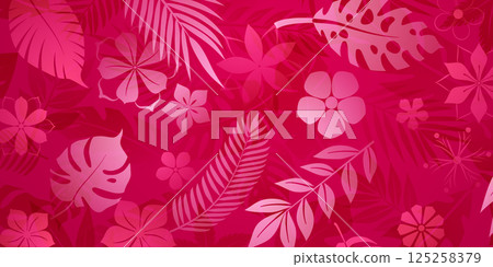 Tropical leaves and flowers in red tones. 125258379