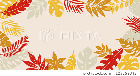 A vibrant border of tropical leaves in red, orange, and yellow hues. A vibrant border of tropical leaves in red, orange, and yellow hues. 125258382