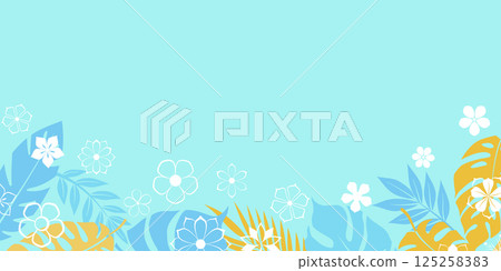 Bright tropical flowers and leaves on a light blue background. Bright tropical flowers and leaves on a light blue background. 125258383