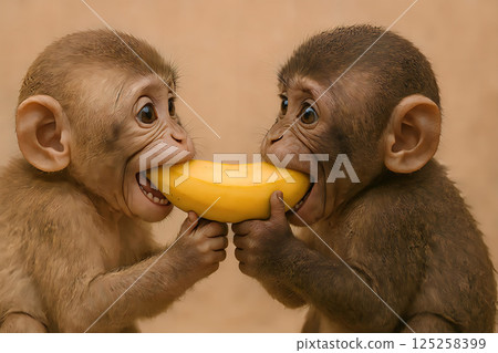 Baby monkeys sharing a banana 125258399