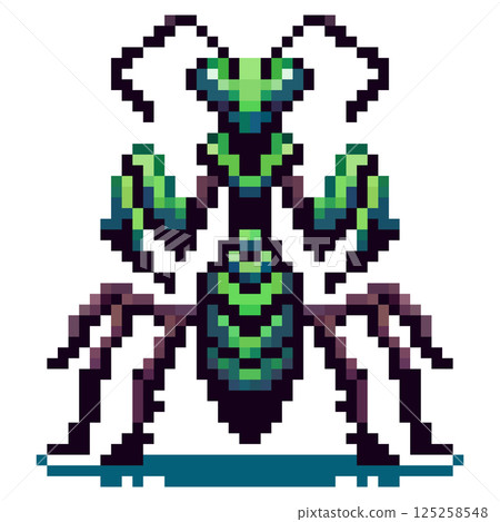 Pixel art image depicting a vibrant green praying mantis with detailed segments and realistic front legs in a striking position Pixel art image depicting a vibrant green praying mantis with detailed segments and realistic front legs in a striking position 125258548