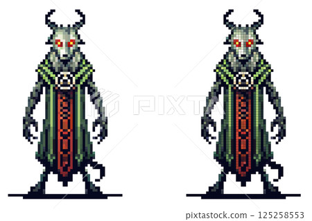 A pixel art creature with glowing red eyes horns and a robe evoking dark fantasy and mystery isolated on white background A pixel art creature with glowing red eyes horns and a robe evoking dark fantasy and mystery isolated on white background 125258553