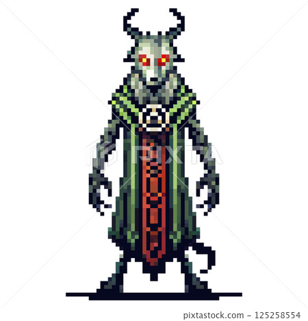 A pixel art creature with glowing red eyes horns and a robe evoking dark fantasy and mystery isolated on white background A pixel art creature with glowing red eyes horns and a robe evoking dark fantasy and mystery isolated on white background 125258554