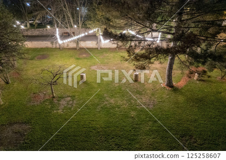 Drone view over winery garden at night, Moldova. 125258607