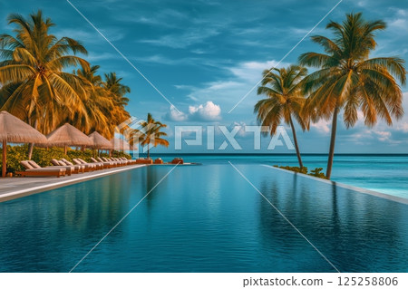 Luxurious Infinity Pool Beside Tropical Palms Near Clear Ocean Waters at Tropical Resort AI Generative 125258806