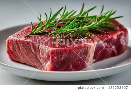 Fresh Cut of Beef With Rosemary Garnishing on a White Plate Ready for Cooking AI Generative 125258807