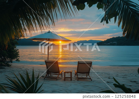 Relaxing Sunset View From Beach Chairs Under a Parasol Near the Ocean AI Generative Relaxing Sunset View From Beach Chairs Under a Parasol Near the Ocean AI Generative 125258848