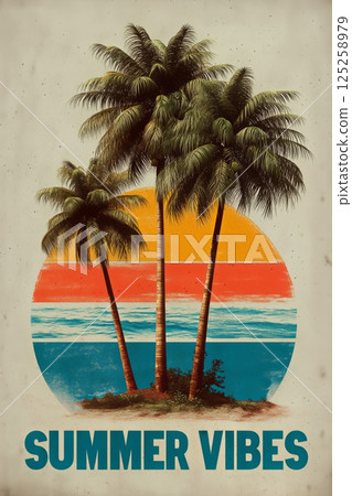 Colorful Palm Trees Against a Vibrant Sunset Background Evoke Summer Vibes in a Tropical Paradise AI Generative 125258979