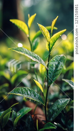 Fresh Green Tea Leaves Illuminated by Morning Sunlight in a Lush Garden Setting AI Generative 125258981