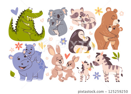 Mothers day hand drawn set with cute animals hugging, mom and baby cuddling together with love Mothers day hand drawn set with cute animals hugging, mom and baby cuddling together with love 125259250