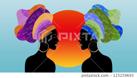African women banner design, black woman portrait wearing turban with Africa tribal pattern. Beauty template vector illustration isolated on blue sky sunset background African women banner design, black woman portrait wearing turban with Africa tribal pattern. Beauty template vector illustration isolated on blue sky sunset background 125259693
