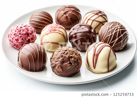 Variety of dark, milk and white chocolate in plate on white background. Premium chocolate dessert offering. Luxury catering spread Variety of dark, milk and white chocolate in plate on white background. Premium chocolate dessert offering. Luxury catering spread 125259733