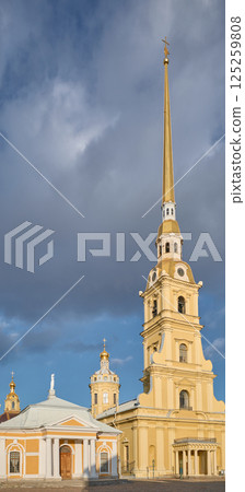 the Peter and Paul Fortress spire at sunset 125259808