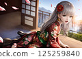 A woman wearing a kimono at a ryokan and having fun with her friends 125259840