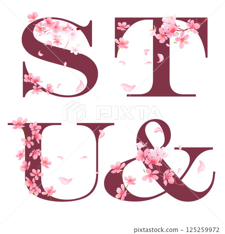 Cherry blossom flower alphabet with pink petals and sakura flowers for printing, cards, posters 125259972
