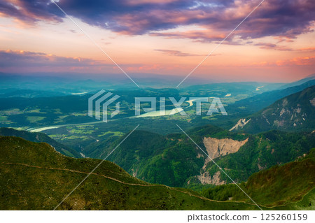 Alpine mountains - view from Golica peak in Karavanke range, Slovenia, at sunrise 125260159